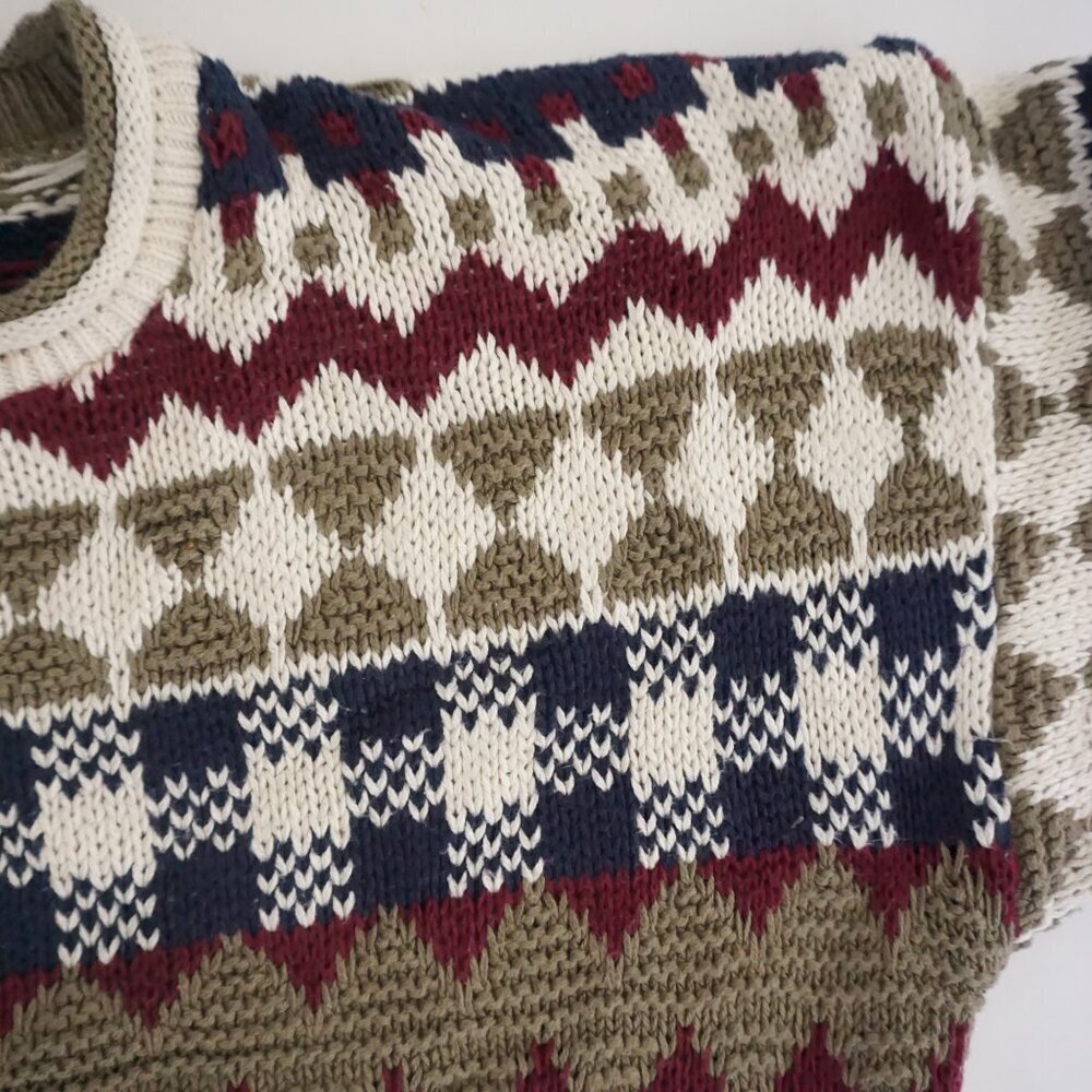Vintage Adirondack beige navy cotton knit geometric sweater Cabincore Retro M - Picture 9 of 10